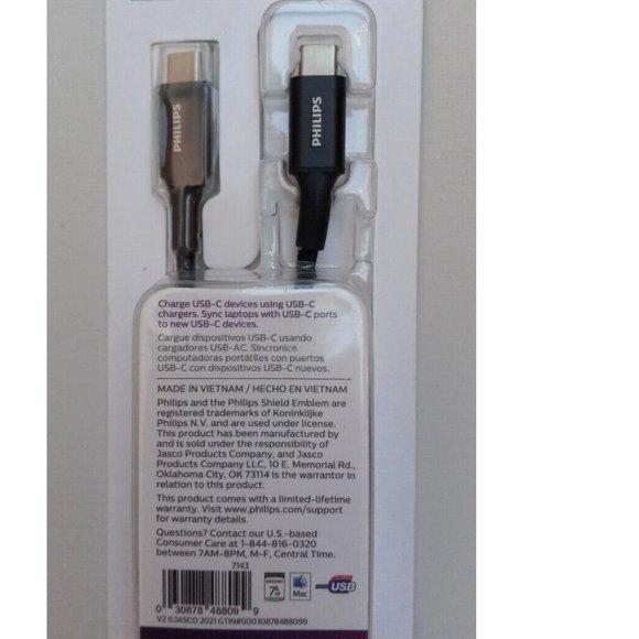 PHILIPS USB-C/USB-C Charge Cable Braided 6ft length Rated for 60W Black *NEW BOX - Picture 4 of 7